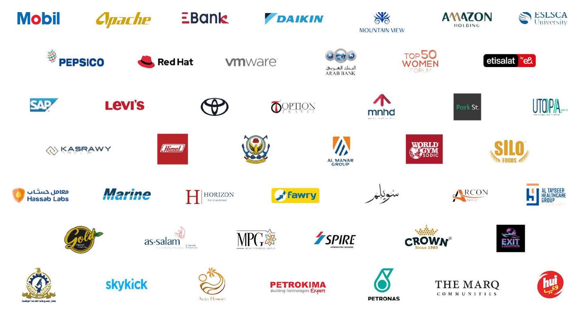 Event Gate clients including Mobil, PepsiCo, Toyota, VMware, Etisalat, Arab Bank, SAP, Levi's, Fawry, Amazon Holding, Mountain View, Petronas and many more
