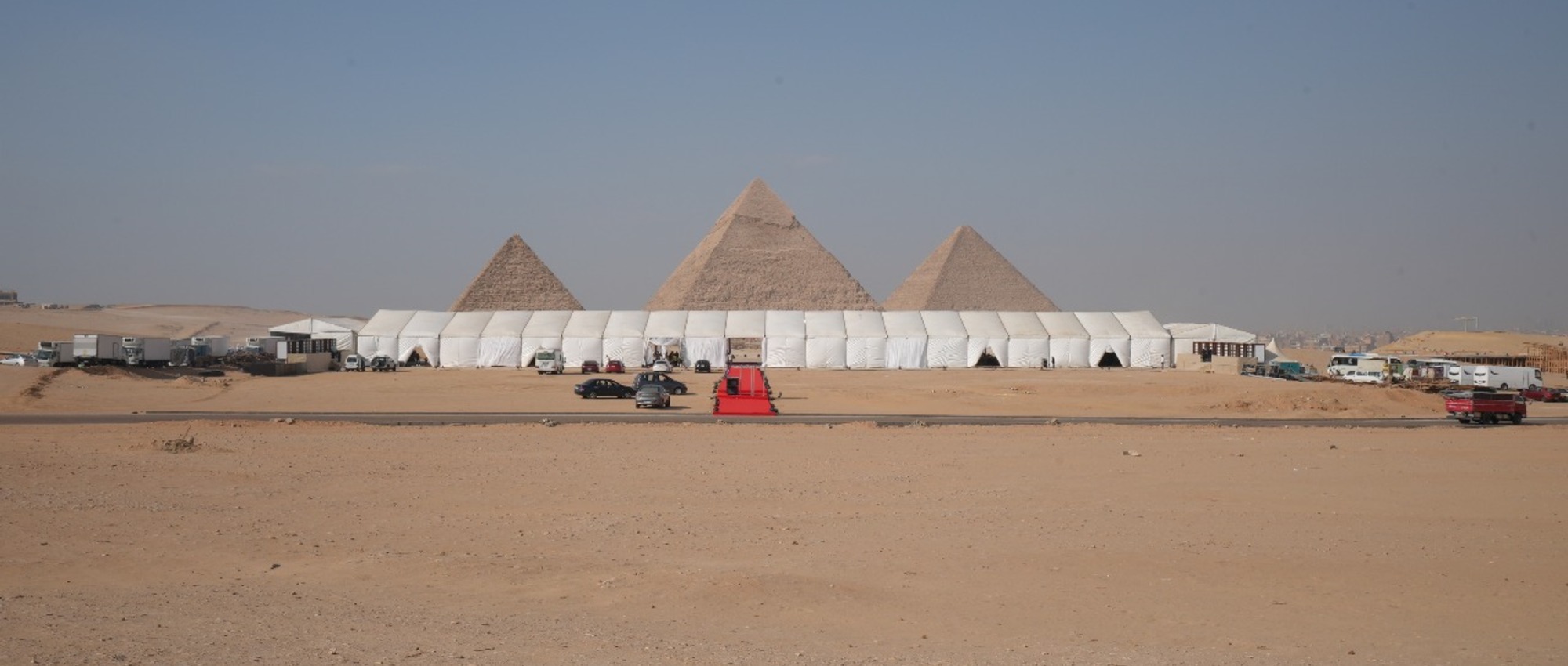 Event Gate marquees set up before the Great Pyramids of Giza